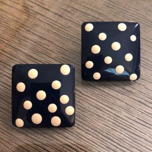 Vintage Navy Blue Square Enamel Earrings with Polka Dots